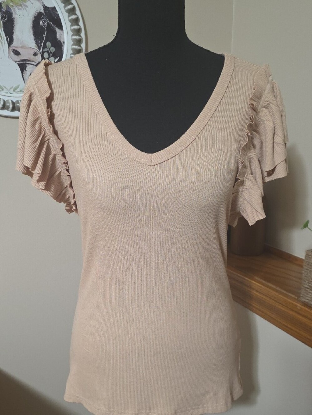 Women’s Ruffle Sleeve V-Neck Top - Blush Pink - Picture 2 of 9